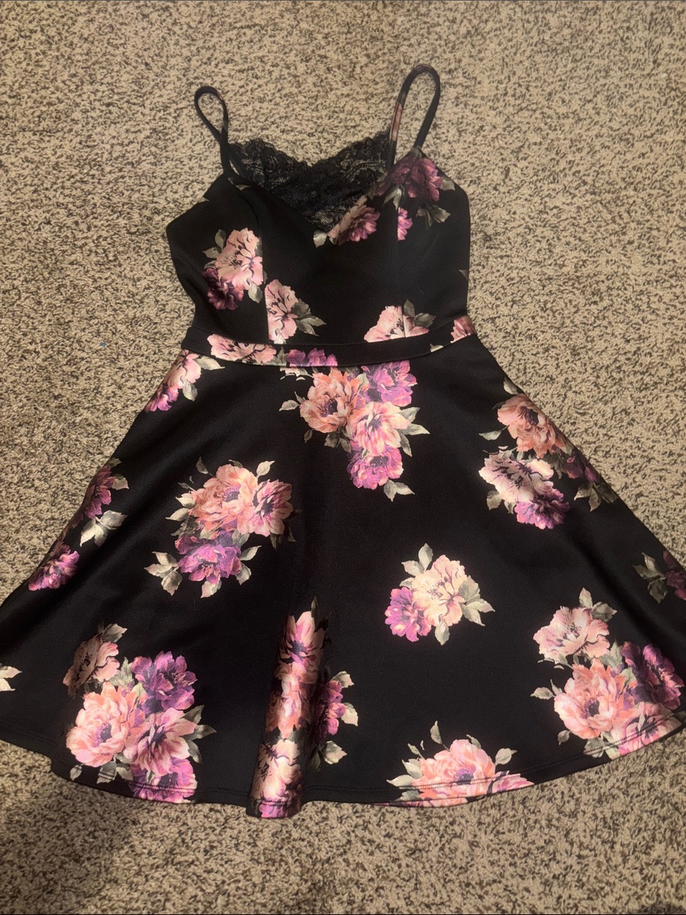 Black Floral Lace-Trim A-Line Dress